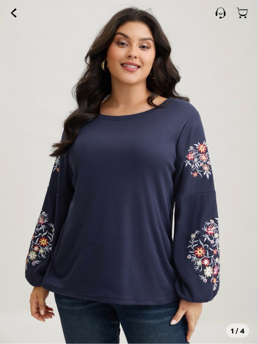 BloomChic Indigo Waffle Knit Embroidered Lantern Sleeve Top - 28/5X